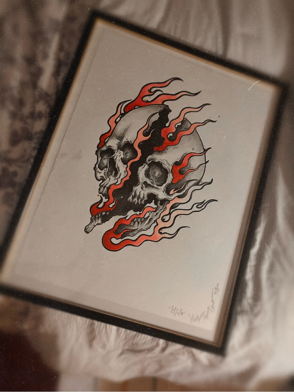 Framed Dual Skull Flame Art Print - Red and Black